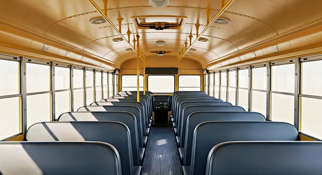Inside the Yellow School Bus: Capturing an interior perspective of a traditional school bus with rows of seats and a neutral backdrop, this photograph evokes a sense of familiarity and nostalgia.
