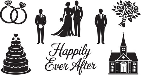 Celebration Icons Set Featuring Rings, Couple, Cake, Flowers, and Church Illustrations