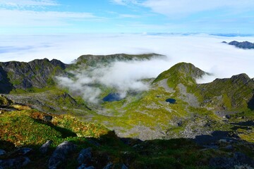 Spectacular mountain scenery as viewed from the summit part of Matmora, 788 m (Austvågøya island, Lofoten archipelago, Nordland county, Norway)
