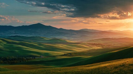 Tuscany sunset, rolling hills, golden light