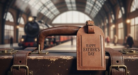 A professional photorealistic mockup with "Happy Father's Day" stamped onto a beautiful, vintage-style, leather luggage tag.