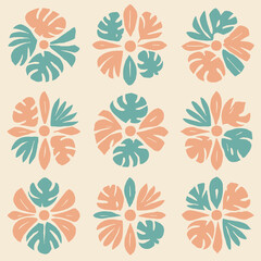 A cheerful and charming seamless pattern featuring abstract flower and leaf illustrations in a retro-inspired style.