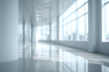 Blurred, light-filled office hallway