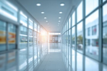 Blurry modern hallway with glass walls