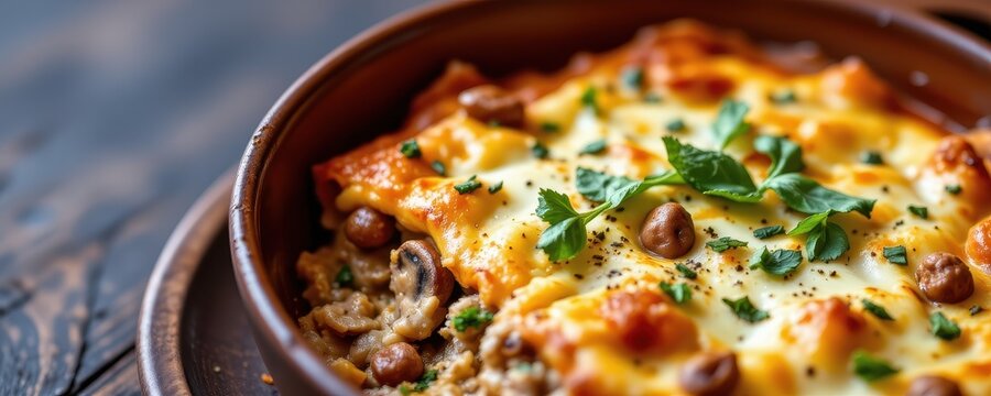 fusion lasagna with mushroom filling thai curry b&Atilde;&copy;chamel and crispy herbs in a rustic ceramic dish