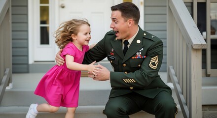 A powerful and emotional photorealistic image capturing the moment a soldier father is joyfully greeted by his young daughter upon returning home.