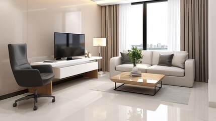 Fototapeta premium Luxury studio apartment interior design with minimalist beige sofa, modern wooden desk in the corner with clean lines, ergonomic chair, and a glowing laptop, 3D Illustrations. 3D Rendering,