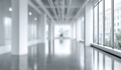 Empty, modern office hallway with large windows