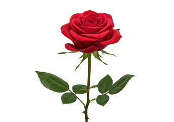 A single, vibrant red rose with deep crimson, velvety petals, green stem, and sharp thorns, ultra-realistic, hyper-detailed, medium close-up, soft studio lighting on a transparent isolated background,