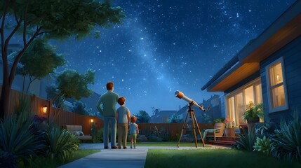 Family Stargazing with Telescope in Backyard Under a Starry Night Sky with Milky Way in View