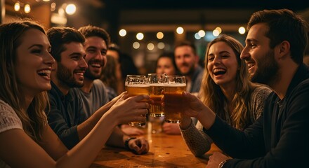 Happy Young Friends Toasting Beer Mugs in a Lively Bar or Pub