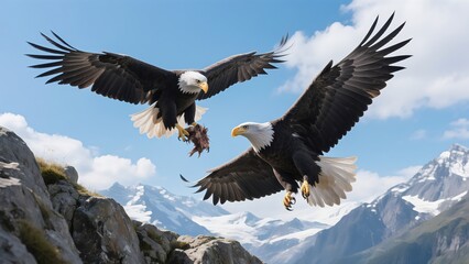 Two Eagles Soaring & Competing for Food Against Blue Sky and Snowy Mountains, Stunning Natural Scene