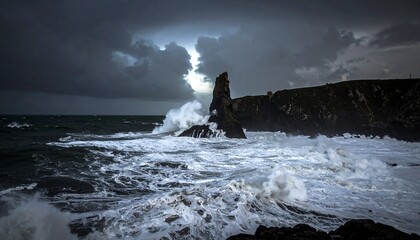 Dark and moody ocean setting with giant rolling waves assaulting rugged stones, backlit by a glowing slit in the storm clouds