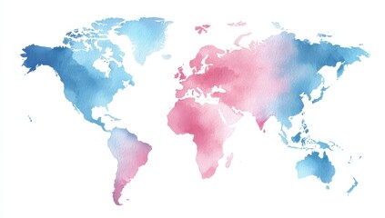 Obraz premium Watercolor world map, soft blue and pink hues