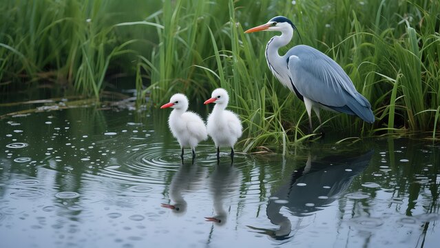 Grey Heron with Chicks in Wetland Shoal, Warm & Healing Natural Scene - Powered by Adobe