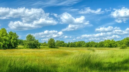 Fototapeta premium The vibrant green field under a bright blue sky adorned with clouds.