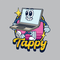 Walking laptop in vintage cartoon illustration
