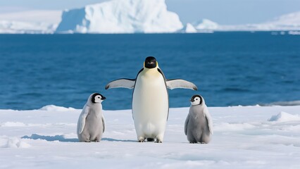Penguin Family on Antarctic Ice Field, Cute & Healing Ecological Scene