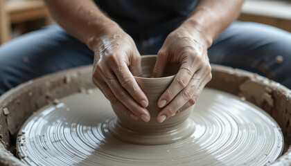 A potter shaping a clay bowl on a spinning wheel with both hands close up