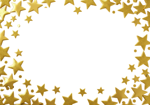 Numerous golden stars, various sizes, polished metallic sheen, randomly scattered on a pristine transparent background with ample copy space, a minimalist studio flat lay, festive celebration concept