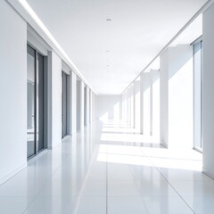 Obraz premium Bright, long hallway with white walls, floor, and doors; sunlight streams through large windows