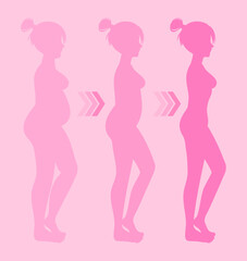 Woman body transformation weight loss progress female fitness slimming before after silhouette illustration perfect for health beauty or wellness concept flat vector style