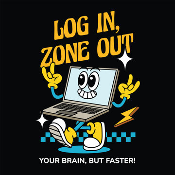 Naklejki Happy walking laptop cartoon illustration retro style