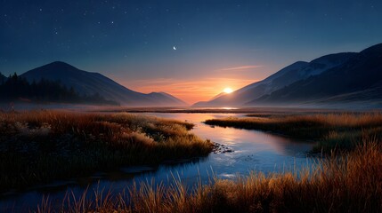 Obraz premium Stunning Sunset Over Calm Lake Surrounded By Mountains And Wildflowers In A Tranquil Landscape