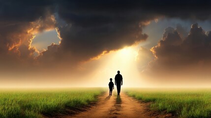 Silhouettes of a man and a child walking along a dirt path at sunset with dramatic clouds in the sky