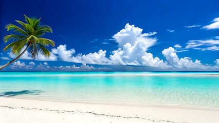 Fototapeta premium Pristine white sand beach with turquoise ocean water and a leaning palm tree under a bright blue sky with fluffy white clouds