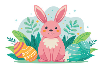 A pink bunny with easter eggs and leaves isolated on white background, surrounded by plants