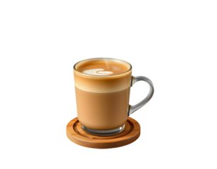 Latte in Glass Cup on Wooden Coaster