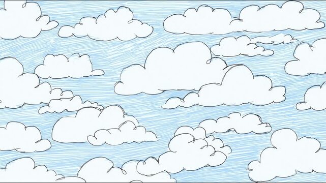 Animated cloud movement across blue sketched sky in continuous loop