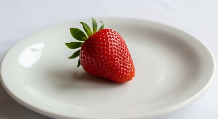 Single strawberry on a white plate.