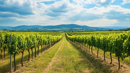 Naklejka premium Tranquil vineyard landscape featuring lush grape vines under a serene sky
