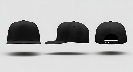 Black Snapback Hat Mockup Template: Front, Side, and Back Views