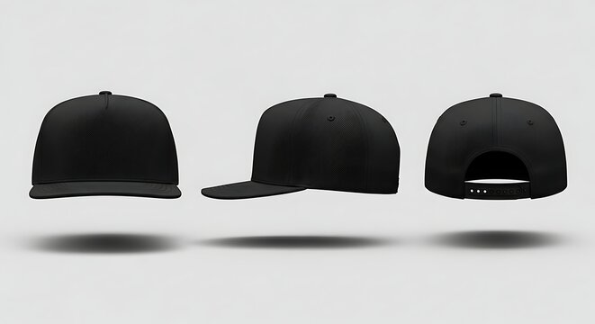 Black Snapback Hat Mockup Template: Front, Side, and Back Views