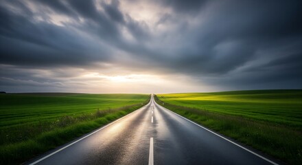 Long country road through green fields at sunset.