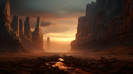 Explore the beauty of a desert canyon as the sun sets, with dramatic rock formations.