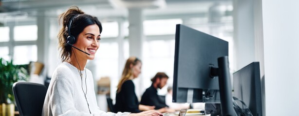 The smiling woman in an office using a headset at her computer desk.