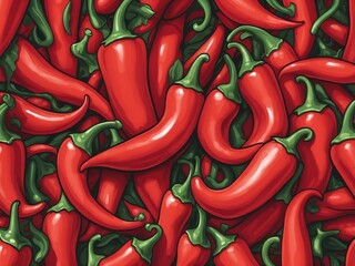 Rote Chilischoten mit grünem Stiel dicht aneinander als bunte Comic Illustration gezeichnet