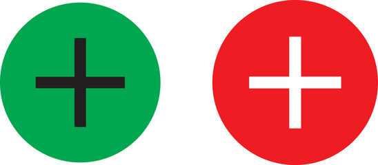 Obraz premium Glossy green and red plus sign buttons 3D icons isolated on transparent white background, clipping path