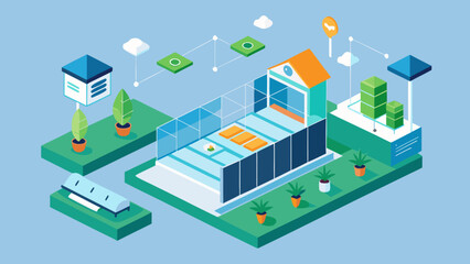Fototapeta premium Isometric smart agriculture system with automated greenhouse, sensors, and digital monitoring for plant growth