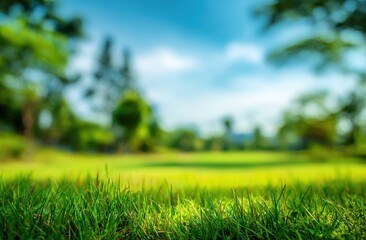 Close-up of vibrant green grass, out-of-focus trees & sky
