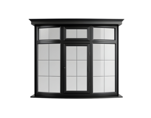 Black casement window with multiple panes, classic architectural design.