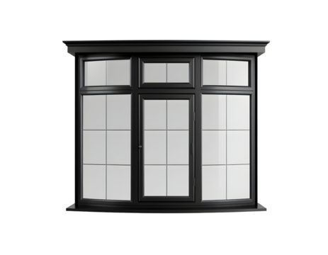 Black casement window with multiple panes, classic architectural design.