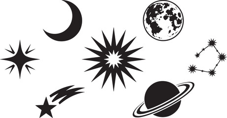 Cosmic Elements Collection Black Silhouette on Transparent Background Moon Star Planet