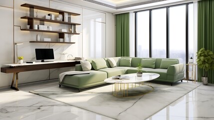 Luxury studio apartment interior design with soft green sectional sofa, corner office setup with sleek walnut desk, mesh chair, and laptop, 3D Illustrations. 3D Rendering,