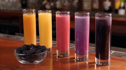 A row of colorful smoothies served in tall glasses, lined on an oak bar, with bright shades of pink, orange, purple, thick mixed liquids, tropical healthy vibes, perfect for food backgrounds.