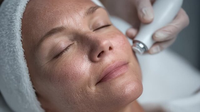 Close-up of women undergoing dermatological facial treatments with devices targeting acne scars and promoting smooth, clear skin.